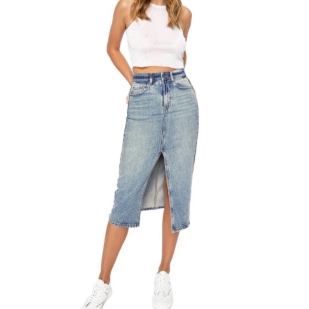 Cello Denim Jean Midi Skirt with Slit- 3X